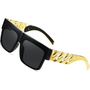 Flat Top Sunglasses Men Gold Hip Hop 80s 90s Style Cholo Dark Black UV400 Lentes